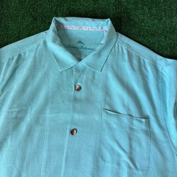 Tommy Bahama Short Sleeve Floral Textured Woven Silk Solid Green Shirt Size XL - Picture 10 of 16